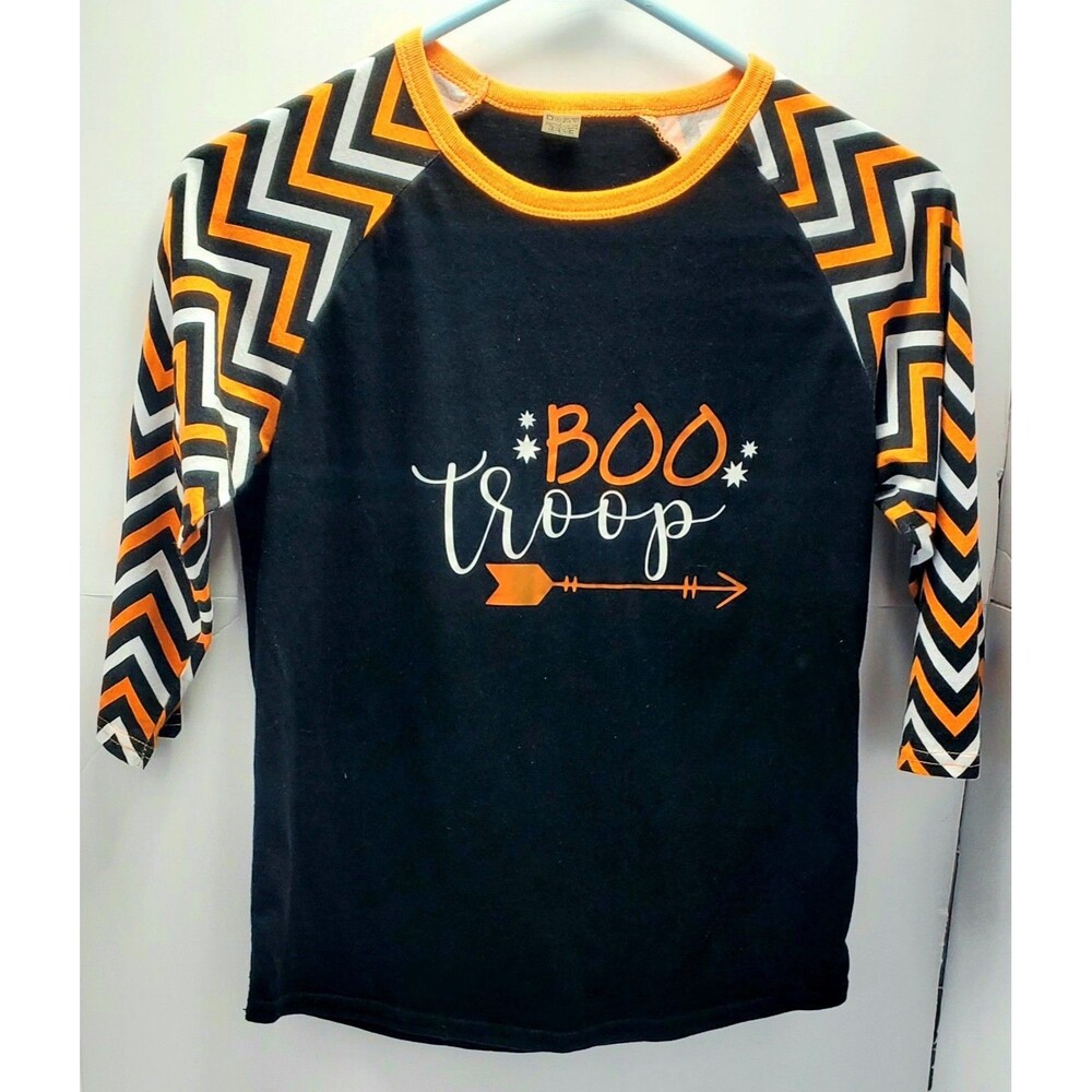 "Boo Troop" Halloween Raglan Baseball Tee - Orange/Black Chevron Sleeves Size L